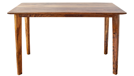 Imagem: Fotografia. Mesa de madeira retangular com quatro pés finos. Fim da imagem.