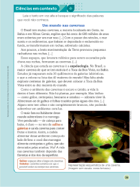 Imagem: Ilustração. Exemplifica como será a seção Ciências em contexto. Página composta por textos e imagens. Fim da imagem.