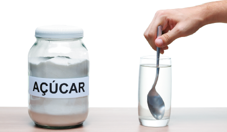 Imagem: Fotografia. Vidro indicando açúcar. Ao lado, uma mão mexe uma colher sobre um copo com água. Fim da imagem.
