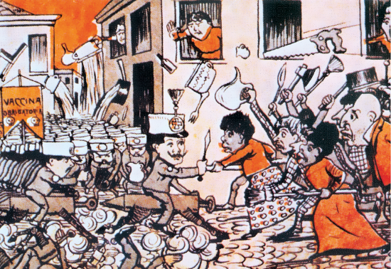 Imagem: Ilustração. Rua com multidão de pessoas em uma luta. À direita, pessoas com utensílios domésticos correndo em direção à esquerda com policiais com armas também correndo.  Fim da imagem.