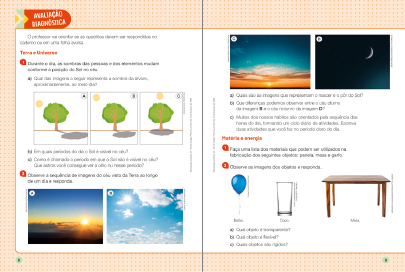 Imagem: Ilustração. Exemplifica como será a seção Avaliação diagnóstica. Página dupla composta por textos e imagens. Fim da imagem.