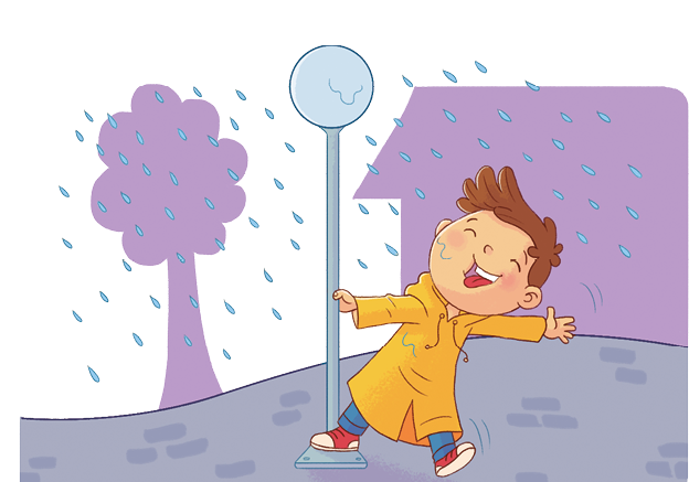 Imagem: Ilustração. Menino de cabelo curto castanho, vestindo capa de chuva amarela. Está brincando na chuva, apoiado a um poste com lâmpada arredondada. Fim da imagem.