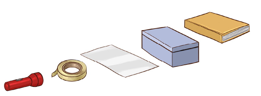 Imagem: Ilustração. Lanterna vermelha. Fita adesiva. Folha de papel. Caixa de sapato azul. Livro de capa amarela. Fim da imagem.