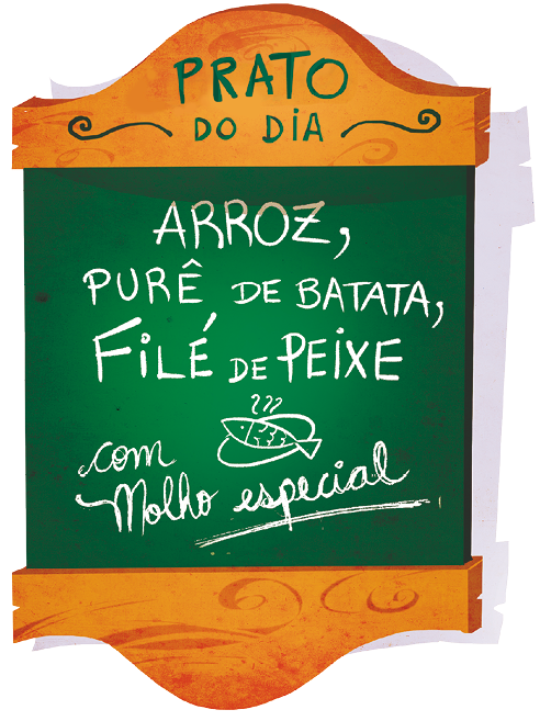 Imagem: Ilustração. Quadro indicando prato do dia: arroz, purê de batata, filé de peixe com molho especial. Fim da imagem.
