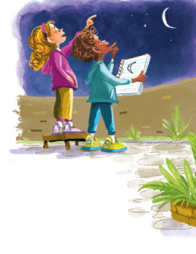 Imagem: Ilustração. Menina de cabelo longo loiro enrolado e faixa roxa, vestindo casaco roxo de calça amarela. Está em pé em um banquinho, apontando para uma lua crescente. Ao lado, um menino de cabelo curto cacheado castanho, vestindo casaco e calça azul. Está segurando um caderno com a ilustração da lua. Fim da imagem.