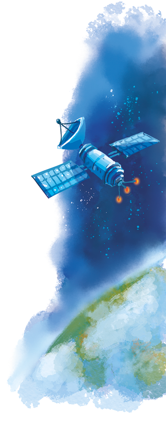 Imagem: Ilustração. Satélite sobre a órbita da terra. Fim da imagem.