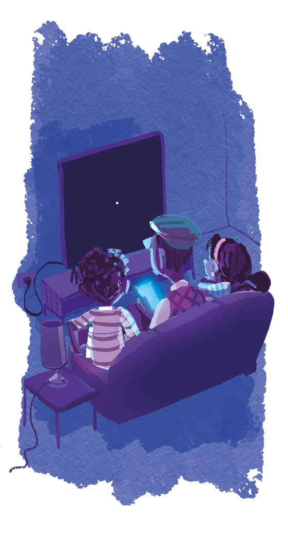 Imagem: Ilustração. Homem de boina verde e cabelo curto, vestindo camiseta branca. Ao lado, um menino de cabelo curto castanho, vestindo camiseta branca, e menina de cabelo longo castanho. Estão observando um celular ligado. Fim da imagem.