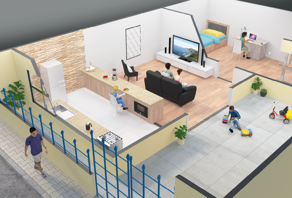 Imagem: Ilustração complementar das páginas 76 e 77. Vista de uma casa em corte com luzes acesas nos cômodos. Cozinha com uma mulher de cabelo longo loiro, vestindo camiseta e calça azul, sentada em frente a uma bancada. Sala com homem de cabelo curto preto, vestindo camiseta branca, e mulher de cabelo preso castanho, vestindo camiseta rosa e calça azul, sentados vendo televisão. Quarto com menino de cabelo curto preto, vestindo camiseta azul e calça bege, usando computador. Menino de cabelo curto castanho, vestindo camiseta e calça azul, sentado em um quintal brincando. À frente da casa, homem de cabelo curto preto, vestindo camiseta azul e bermuda branca, andando na calçada. Fim da imagem.