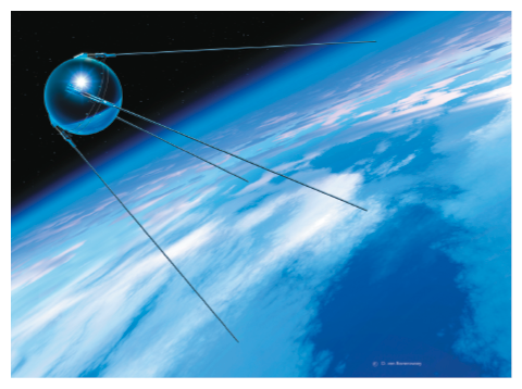 Imagem: Fotografia. Satélite esférico com hastes finas ligadas. Fim da imagem.