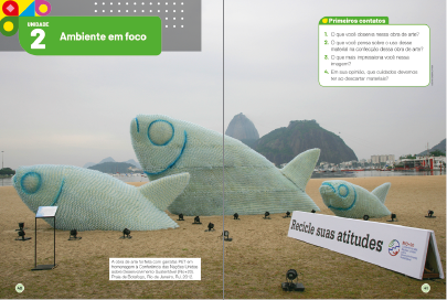 Imagem: Ilustração. Exemplifica como será a Abertura de unidade e o boxe Primeiros contatos. Página dupla composta por textos, boxe complementar e imagens. Fim da imagem.