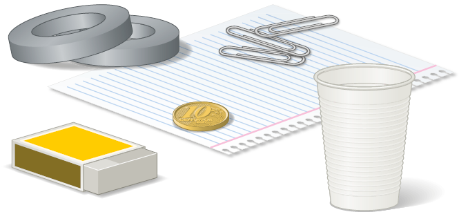 Imagem: Ilustração. Produtos diversos. Papel com linhas, clipes, duas fitas, moeda de 10 centavos, caixa de fósforo vazia e um copo de plástico. Fim da imagem.