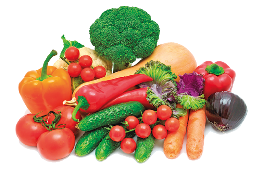 Imagem: Fotografia. Hortaliças espalhadas como pimentão, tomates, cebola, pimenta, brócolis, tomate cereja, alface, beterraba, pepino e abóbora.  Fim da imagem.