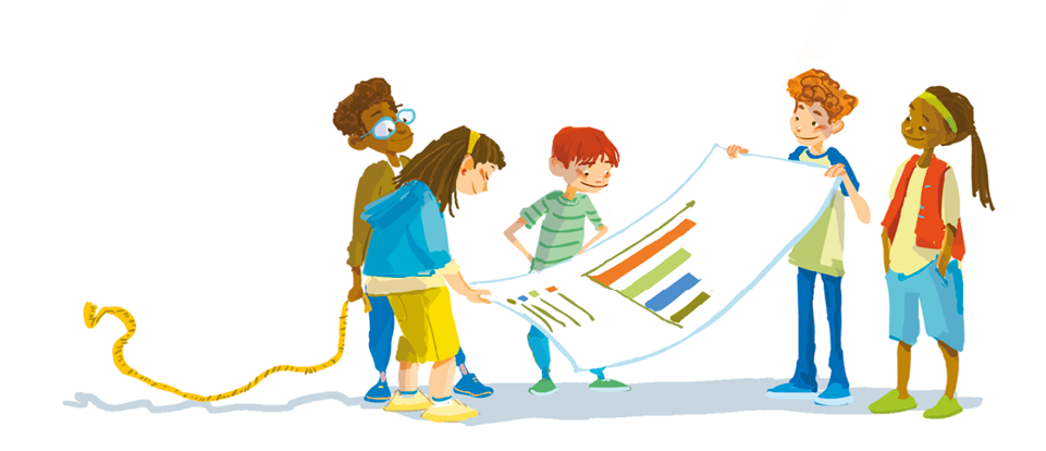 Imagem: Ilustração. Cinco crianças segurando um cartaz longo com ilustração de um gráfico de barras. Menina de cabelo longo castanho, vestindo casaco azul e bermuda verde. Menino de cabelo curto castanho, com óculos de armação azul, vestindo camiseta verde e calça azul. Menino de cabelo curto ruivo, vestindo camiseta verde e calça azul. Menino de cabelo cacheado ruivo, vestindo camiseta verde e azul e calça azul. Menina de cabelo longo cacheado castanho, vestindo camiseta bege, colete laranja e bermuda azul. Fim da imagem.