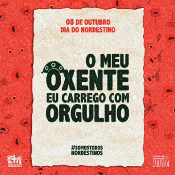 Imagem: Ilustração. No centro, a informação: 08 DE OUTUBRO – DIA DO NORDESTINO. O MEU OXENTE EU CARREGO COM ORGULHO. Acima da letra O há um chapéu nordestino. #SOMOSTODOSNORDESTINOS. Ao fundo, flores em tons de rosa. Fim da imagem.