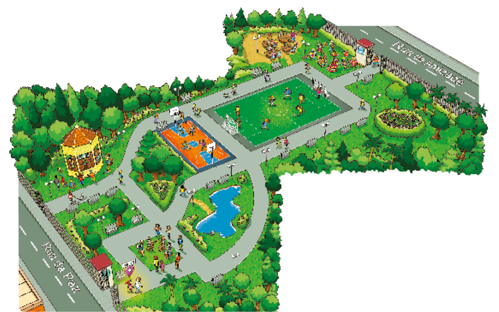 Imagem: Ilustração. No canto inferior esquerdo, a Rua da Paz e em seguida, Maíra, menina ruiva com vestido listrado está andando de mãos dadas com seu pai, homem ruivo com camisa listrada e calça azul. Eles estão na entrada de um parque grande e na frente deles há um caminho em vermelho. Eles seguem reto e viram para a esquerda, onde há homens sentados em roda, tocando instrumentos musicais e em volta deles há pessoas observando. Seguindo reto e olhando para a esquerda há uma banda tocando música dentro de um coreto e em volta há várias pessoas observando. Virando para a direita há pessoas jogando basquete em uma quadra e ao lado há um lago com flores em volta. Seguindo reto e olhando para a direita há crianças jogando futebol em um campo. Mais à frente há pessoas com fantasias coloridas dançando e ao lado, pessoas sentadas em volta de mesas e jogando dominó. Eles viram para a direita, depois para a esquerda e seguem em direção a saída na Rua da Amizade. Ao redor do parque há várias árvores e flores coloridas. Fim da imagem.