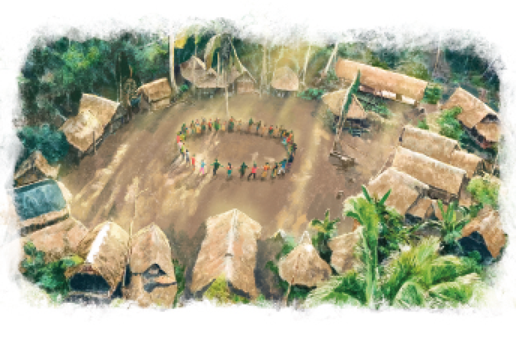 Imagem: Pintura. Vista aérea de pessoas de mãos dadas, formando uma roda. Em volta há ocas de palha e árvores.  Fim da imagem.