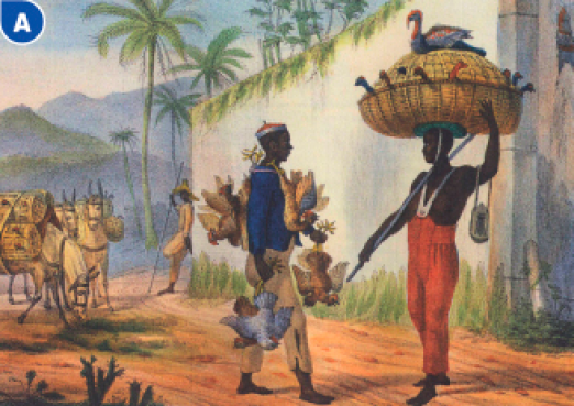 Imagem: Pintura A. Um homem nego está segurando um cesto grande sobre a cabeça e dentro há várias cabeças de aves. Na frente dele, um homem negro está segurando aves e em volta do pescoço dele há mais aves penduradas. Ao fundo, dois burros com carga nas costas, um muro e árvores.  Fim da imagem.