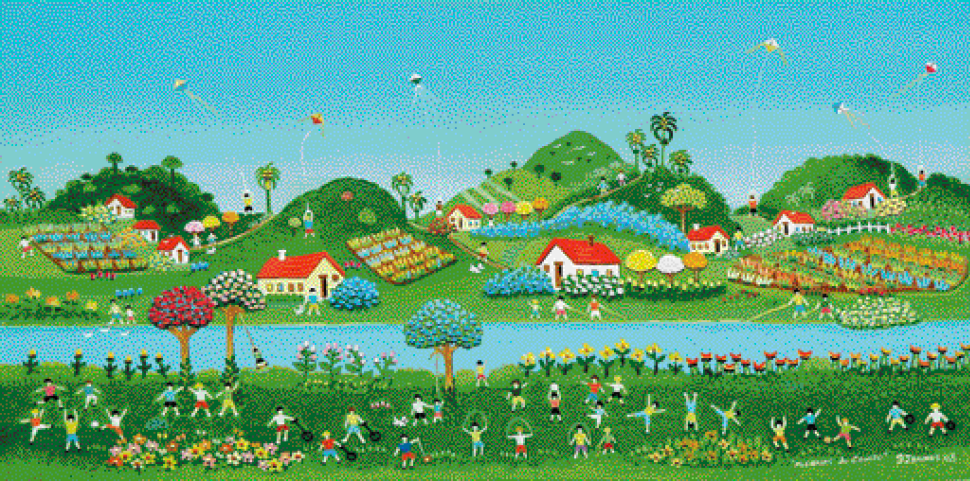 Imagem: Pintura. Na parte inferior há várias crianças brincando sobre um gramado: jogando bola, correndo, penduradas em árvores, arco de roda, ioiô, pulando corda, fazendo estrela e brincando com rodas. Entre elas há flores coloridas e no centro, um rio. Do outro lado há casas, flores coloridas, plantações e mais crianças empinando pipa. Ao fundo, morros e árvores. Fim da imagem.