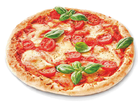 Imagem: Fotografia. Pizza com queijo, tomate e folhas de manjericão.   Fim da imagem.