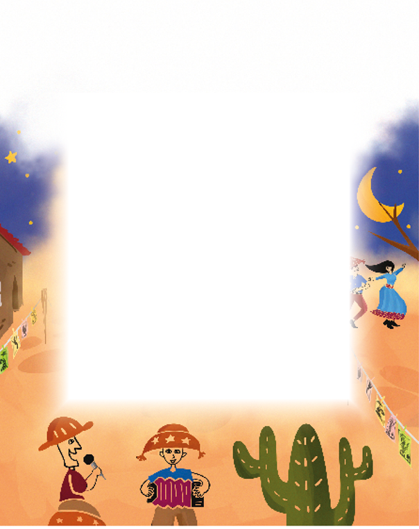 Imagem: Ilustração. Duas pessoas com chapéu de cangaceiro estão sorrindo. Uma delas segura um microfone e a outra, uma sanfona. Ao fundo, duas pessoas estão dançando e sobre elas há papéis coloridos com cordel pendurados em dois varais. Ao lado há uma casa, uma árvore e um cacto. Ao fundo, estrelas e a lua no céu azul. Fim da imagem.