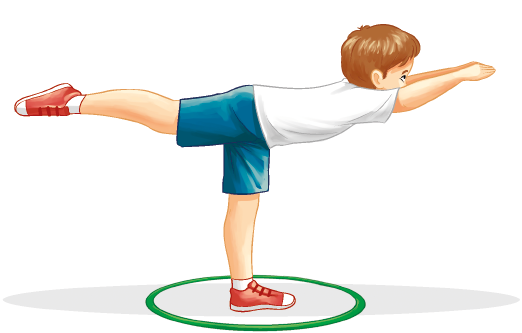 Imagem: Ilustração. Um menino uniformizado com o pé esquerdo dentro do bambolê, com a perna direita esticada para trás, o tronco inclinado para frente e as duas mãos juntas e esticadas para frente.  Fim da imagem.