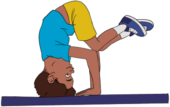 Imagem: Ilustração. Um menino com cabelos crespos, usando camiseta azul, short amarelo e tênis. Ele está com as mãos e a cabeça apoiadas no chão com o tronco levemente flexionado. Joelhos flexionados encostando nos cotovelos e pés no ar. Exemplificando a posição de ponta-cabeça (de cabeça para baixo) Fim da imagem.