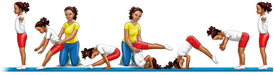 Imagem: Esquema. Uma menina uniformizada exemplifica uma cambalhota com apoio em sete movimentos: 1. Ela está com as pernas juntas e as mãos esticadas nas laterais do corpo. 2. Ela está com os pés apoiados no chão com o tronco inclinado, atrás uma mulher com cabelos cacheados, de joelhos, segura com as mãos o quadril da menina. 3. Ela está apoiando as mãos no chão inclina com os pés no ar. 4. Ela está com as costas e as mãos apoiadas no colchonete e as pernas juntas no ar, atrás, a mulher segura com as mãos o quadril da menina. 5. Ela está com as mãos e a cabeça apoiando no colchonete com os pés saindo do chão. 6. Ela está com o tronco inclinado e as mãos próximas ao colchonete. 7. Ela está com as pernas juntas e as mãos esticadas nas laterais do corpo. Fim da imagem.