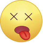 Imagem: Ilustração. Letra b: Cansado, emoticon com dois X nos olhos e a língua para fora da boca Fim da imagem.