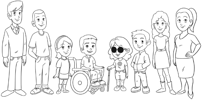 Imagem: Ilustração de grupo de pessoas sendo: d) Grupo composto por adultos, adolescentes e crianças, sendo um homem com cabelos lisos, usando camisa com manga longa, gravata, colete e calça, um adolescente menino com cabelo baixo, usando camiseta, uma menina com cabelos lisos na altura do pescoço, usando uma blusa de manga curta e saia, um menino com cabelos lisos usando camiseta e calça, sentado em uma cadeira de rodas, uma menina com cabelos ondulados, usando camiseta e short, óculos escuros e segurando uma bengala com a mão direita, um menino usando um blusa com manga compridas e calça, uma adolescente menina com cabelos cacheados usando um vestido e uma mulher robusta com cabelos presos em um rabo de cavalo usando uma camiseta e uma saia Fim da imagem.