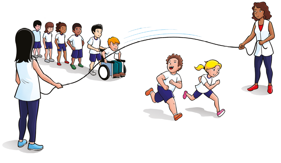 Imagem: Ilustração. Duas mulheres com jaleco branco afastadas segurando uma corda com as mãos no ar. Abaixo da corda, um menino e uma menina uniformizados correm. Atrás deles, uma fila de crianças uniformizadas.  Fim da imagem.