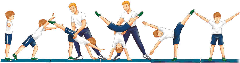 Imagem: Esquema. Um menino ruivo uniformizado exemplifica o movimento da roda com apoio em seis movimentos: 1. Ele está em pé com os braços estendidos na lateral do corpo. 2. Ele está com o joelho esquerdo flexionado, com a perna direita esticada, com o tronco inclinado na diagonal e os braços estendidos para cima. 3. Ele está com a perna direita estendida com o pé apoiado no colchonete, a perna esquerda estendida no ar, com a mão direita apoiada no colchonete e a mão esquerda próxima ao chão. Atrás, um homem uniformizado, segurando no quadril do menino. 4. Ele está com as mãos apoiadas no colchonete, com as pernas esticadas no ar. Atrás, o homem com as mãos o quadril do menino. 5. Ele está com a perna esquerda esticada com o pé apoiado no chão, com a perna direita estendida, com o tronco inclinado lateralmente e os braços esticados na altura da cabeça. 6. Ele está com os dois pés apoiados no chão, com os braços estendidos para as laterais em diagonal.  Fim da imagem.