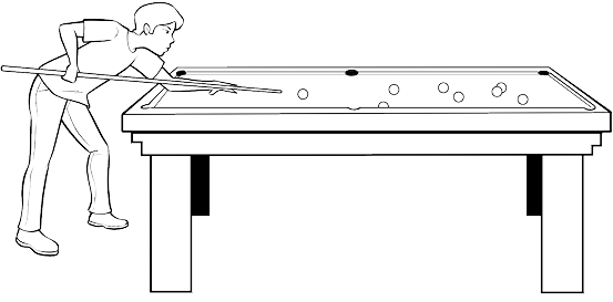Imagem: Ilustração. Um homem com cabelos lisos, usando camiseta e calça. Ele está com o tronco inclinado sobre a mesa de sinuca, segurando a vara com as mãos na direção de uma bola que está no meio da mesa.  Fim da imagem.