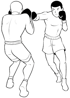 Imagem: Ilustração. Dois homens usando calção e luvas de boxes. Um deles está com o braço esquerdo estendido na direção do rosto do adversário com a mão direita cobrindo o próprio rosto. O outro homem está de costas com ambas as mãos cobrindo o rosto. Fim da imagem.