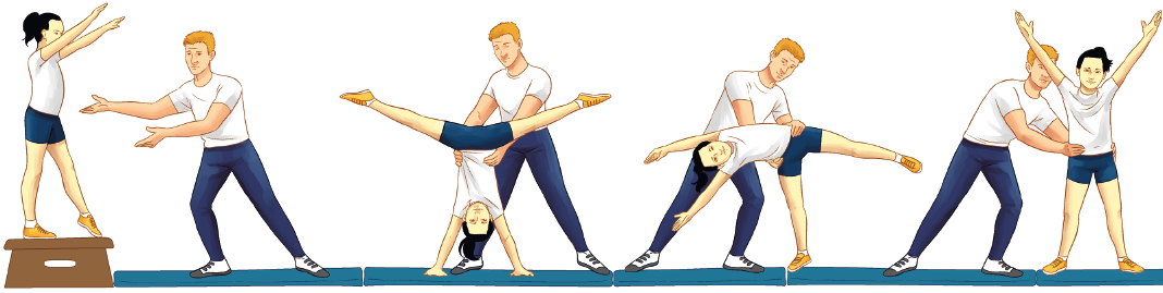 Imagem: Esquema. Uma menina com cabelos pretos uniformizada exemplifica a roda com apoio em quatro movimentos: 1. Ela está em pé sobre um banco com as pernas afastadas e os braços estendidos para frente em diagonal. Ao lado, um homem uniformizado com os braços estendidos na direção dela. 2. Ela está com as duas mãos apoiadas no colchonete e as pernas esticadas para cima. Atrás à direita, o homem segura com as mãos o quadril dela. 3. Ela está com o pé esquerdo apoiado no colchonete e a perna esquerda estendida e próxima do chão, com o tronco inclinado lateralmente e as mãos esticadas na altura da cabeça. Atrás à esquerda, o homem segura com as mãos o quadril dela. 4. Ela está com os dois pés apoiados no colchonete com os braços estendidos para cima. Atrás à esquerda, o homem segurando no quadril.  Fim da imagem.
