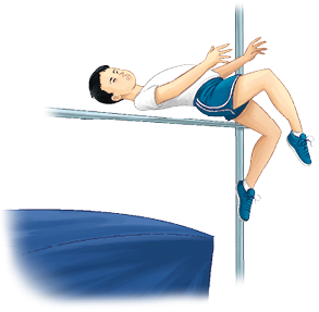 Imagem: Ilustração. Um menino com cabelos pretos, usando camiseta branca e short azul. Ele está com o tronco em forma de arco por cima de uma vara com o peito voltado para cima. Abaixo, um colchão.  Fim da imagem.