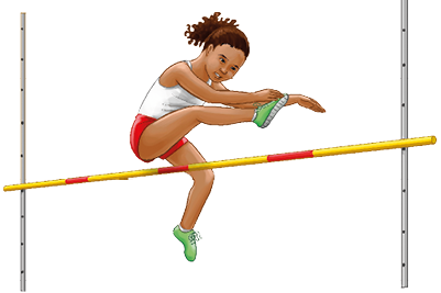 Imagem: Ilustração. Uma menina com cabelos cacheados, presos em rabo de cavalo, usando regata branca, short vermelho e tênis. Ela está com a perna esquerda sobre uma vara e a perna direita com o joelho flexionado, com o tronco e as mãos inclinados para frente.  Fim da imagem.