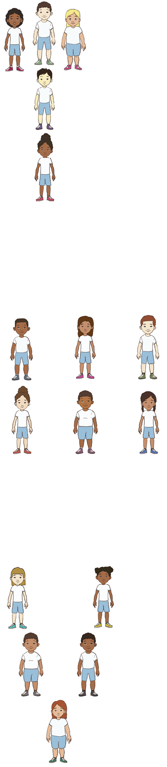 Imagem: Ilustração. Cinco crianças uniformizadas sendo que três estão em uma fila vertical e mais duas crianças em uma fila lateral no fundo.  Ilustração. Seis crianças uniformizadas em duas filas laterais paralelas.   Ilustração. Cinco crianças uniformizadas, sendo uma na frente, duas atrás e mais duas atrás e abertas, fazendo o desenho da letra “V”.  Fim da imagem.