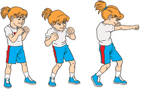 Imagem: 1. Ela está com as pernas afastadas, com os punhos fechados e cotovelos flexionados com os braços para cima, próximo ao rosto. 2. Ela está com os joelhos flexionados e está com os cotovelos um pouco para trás. 3. Ela está com o braço direito estendido para frente com o punho fechado. Ao lado, outra menina exemplifica em três movimentos o Upper.  Fim da imagem.