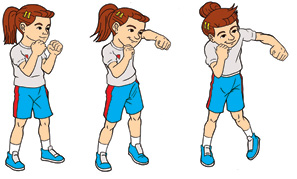 Imagem: 1. Ela está com as pernas afastadas, com os punhos fechados e cotovelos flexionados com os braços para cima, próximo ao rosto. 2. Ela está com o braço direito flexionado com o cotovelo para trás. 3. Ela está com o corpo em torção com o braço estendido na diagonal fazendo um arco. Ao lado, um menino exemplifica em três movimentos, o Jab.  Fim da imagem.