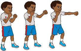 Imagem: 1. Ele está em pé com as pernas afastadas, com os punhos fechados e cotovelos flexionados com os braços para cima, próximo ao rosto. 2. Ele está na mesma posição com o braço direito semi-flexionados para frente. 3. Ele está com o braço direito estendido para frente e com a mão esquerda próximo ao rosto.  Fim da imagem.
