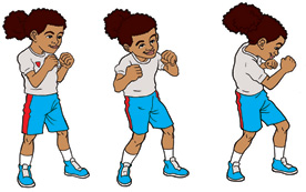 Imagem: 1. Ela está com as pernas afastadas, com os punhos fechados e cotovelos flexionados com os braços para cima, próximo ao rosto. 2. Ela está na mesma posição com o tronco em torção para a esquerda. 3. Ela está na mesma posição com o tronco em torção para a direita. Abaixo, uma menina exemplifica em três movimentos o Gancho.  Fim da imagem.