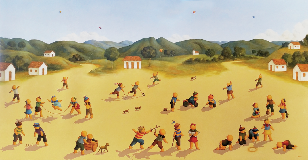 Imagem: Pintura. Crianças em uma rua de terra. À esquerda, duas crianças com pião. Atrás, um grupo de crianças pulando corda. Atrás, duas crianças segurando linhas com pipas. No meio, duas crianças com carrinho de mão e um cachorro. Ao lado, um grupo de crianças com espadas. Atrás, duas crianças segurando uma vareta rolando um arco. À esquerda, um grupo de crianças com bolinhas de gude. Atrás, um grupo de crianças com bola. Seguida de três crianças com carrinhos e mais crianças com pipas. No fundo, pequenas casas e morros verdes. Fim da imagem.