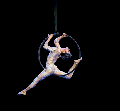 Imagem: Fotografia. Uma mulher com um collant prata, ela segura com as mãos um arco que está no ar. Sua perna esquerda está estendida e a direita está flexionada com os dedos dos pés encostados no arco. Sua coluna está inclinada para trás.  Fim da imagem.