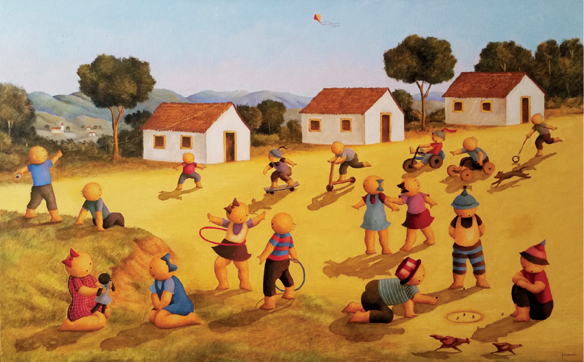 Imagem: Pintura. À esquerda, duas meninas sentadas no chão com uma boneca de pano, ao lado um menino e uma menina com um bambolê. À direita, três meninos com bolinhas de gude. Atrás, dois meninos com pipas e um grupo de crianças com skate, patinete, triciclo, carrinho de rolemã. No fundo, pequenas casas, árvores e montanhas.  Fim da imagem.