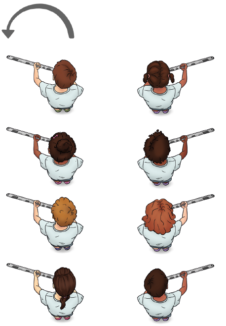 Imagem: Esquema. Movimentação dos canudos de jornal (paus) para fora e para dentro. Ilustração de um grupo de crianças uniformizadas vista de cima em duas imagens. 1. Elas estão em duas fileiras paralelas, na fileira da esquerda seguram os canudos de jornal para a esquerda. Na fileira da direita seguram os canudos de jornal para a direita. Acima uma seta indica o movimento do canudo para fora.  Fim da imagem.