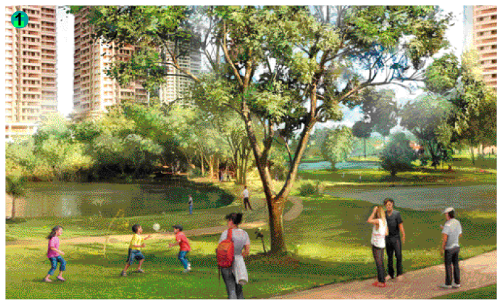 Imagem: Ilustração. 1. Um parque com lagos e árvores. Atrás do parque há prédios. Tem três crianças brincando com uma bola na área gramada ao lado de uma das árvores: uma menina de cabelo castanho liso e camiseta rosa, um menino de camiseta amarela e um menino de camiseta vermelha. Ao lado deles, uma mulher de cabelo castanho preso em um coque olha. Ela usa uma calça jeans, camiseta branca e segura uma mochila vermelha. Para a direita há três adultos de pé: uma mulher loira de camiseta regata branca com a mão na cabeça, um homem de cabelo castanho e camiseta verde e um homem de camiseta branca e boné. Mais para o fundo do parque há outras pessoas.   Fim da imagem.