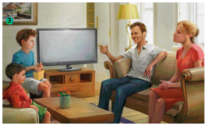 Imagem: Ilustração. 3. Quatro pessoas sentadas em uma sala, onde há dois sofás, uma mesa de centro com um vaso de flores laranjas, uma televisão e um abajur. Da esquerda para a direita: menino de cabelo castanho usando uma bermuda verde e camiseta laranja. Menino loiro de cabelo espetado usando uma bermuda branca e camiseta azul; ele segura uma caixa amarela no seu colo. Um homem de cabelo castanho usa uma calça jeans e camiseta polo branca. Ele está com uma mão erguida para a frente e sorri. Mulher loira com o cabelo preso em um coque usando um vestido laranja. Ela está com as mãos cruzadas no colo.   Fim da imagem.