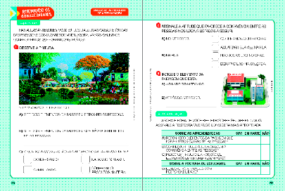 Imagem: Ilustração. Exemplifica como será a seção Retomando conhecimentos. Página dupla composta por textos e imagens. Fim da imagem.