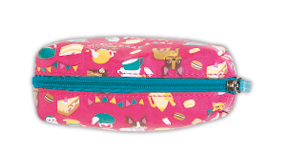 Imagem: Fotografia. Um estojo cor-de-rosa com desenhos visto de cima.   Fim da imagem.