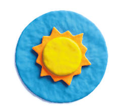 Imagem: um círculo azul com o sol dentro. Na segunda coluna: chuvoso, ensolarado, nublado.    Fim da imagem.